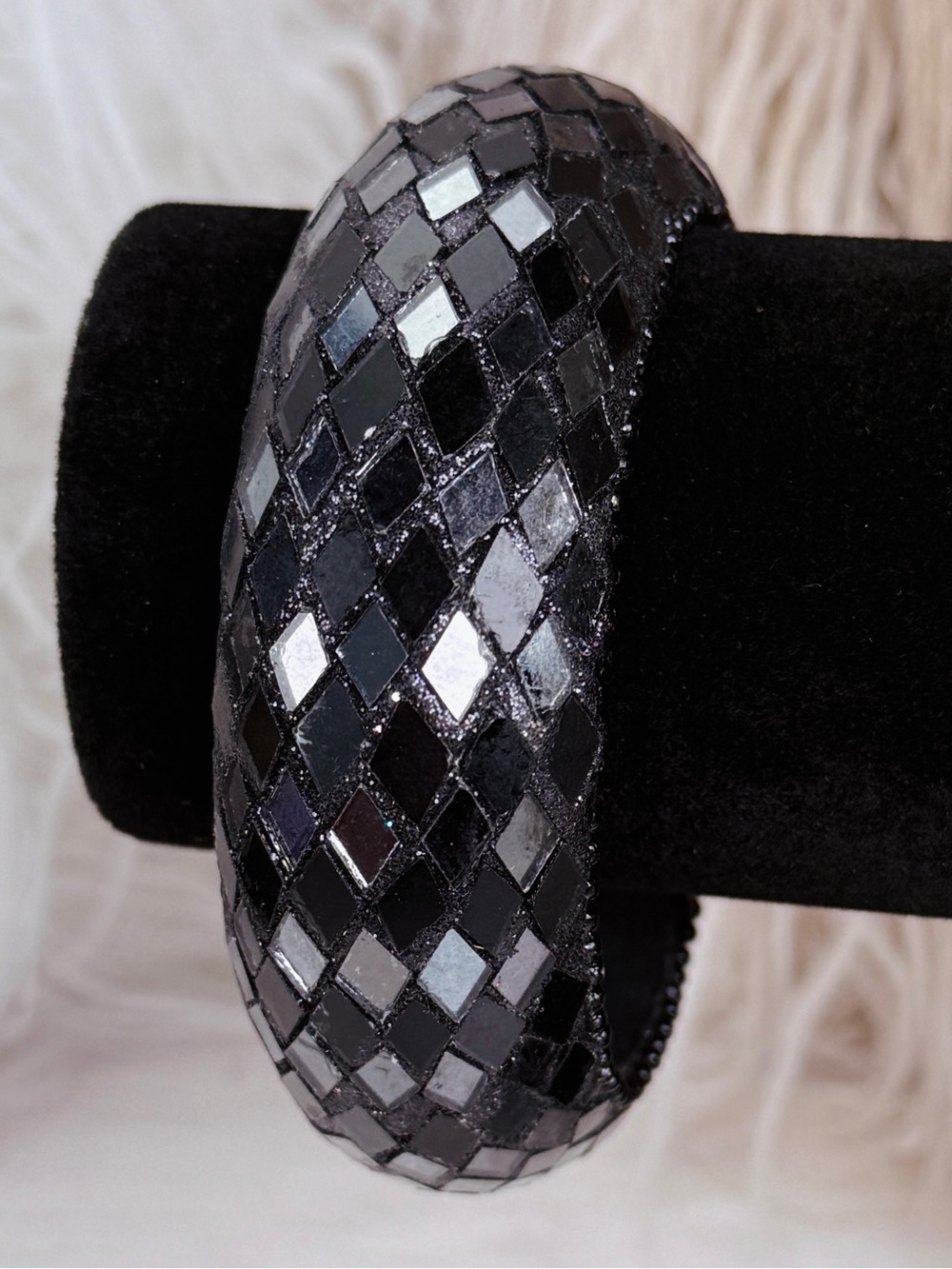 Gorgeous, heavy, weighted, black, reflective costume wide bangle bracelet